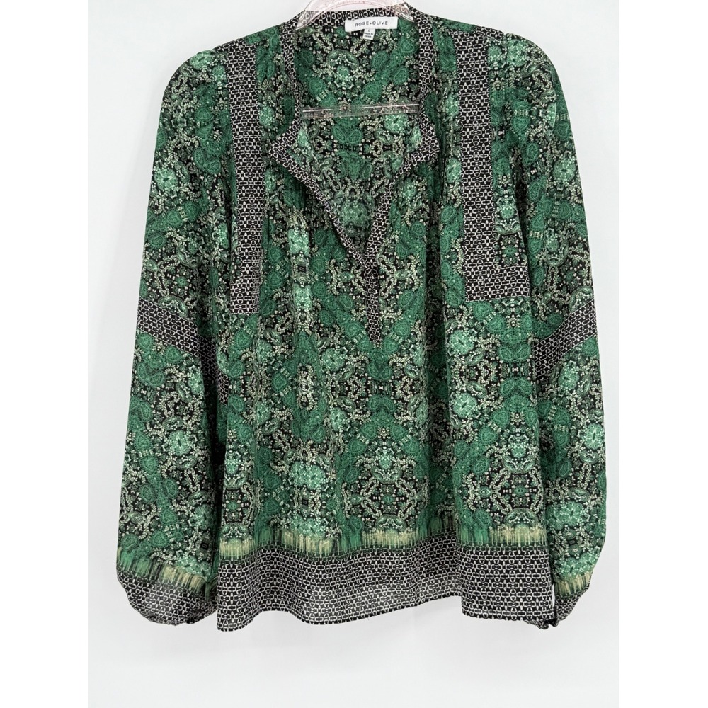 Rose‎ & Olive Green Print Long Sleeve Top Blouse Bohemian Women Sz L